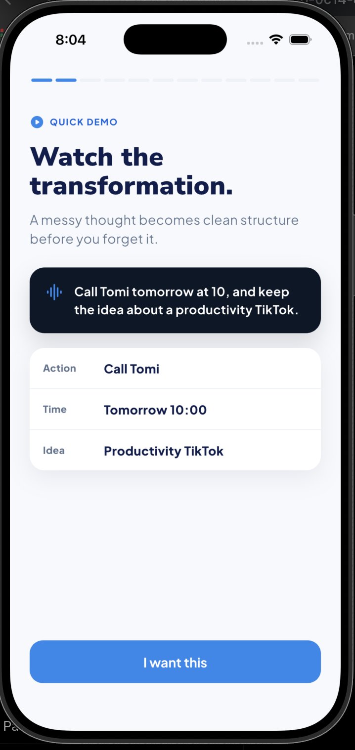 Capture screen showing voice note turned into structured task